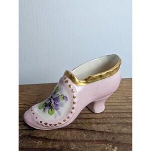 Vintage Hand Painted Porcelain Shoe Mini Vase Pink Gold Trim Floral Japan